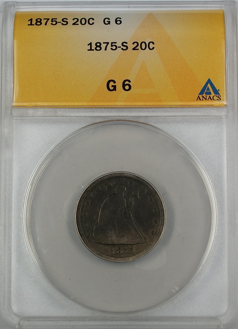 San Francisco 1875-S Seated Liberty 20 Cent Silver Coin ANACS G 6: San Francisco 1875-S Seated Liberty 20 Cent Silver Coin ANACS G 6 This is an 1875-S Seated Liberty 20 Cent Piece graded G-6 by ANACS. The coin was minted in San Francisco and is composed of 90% silver