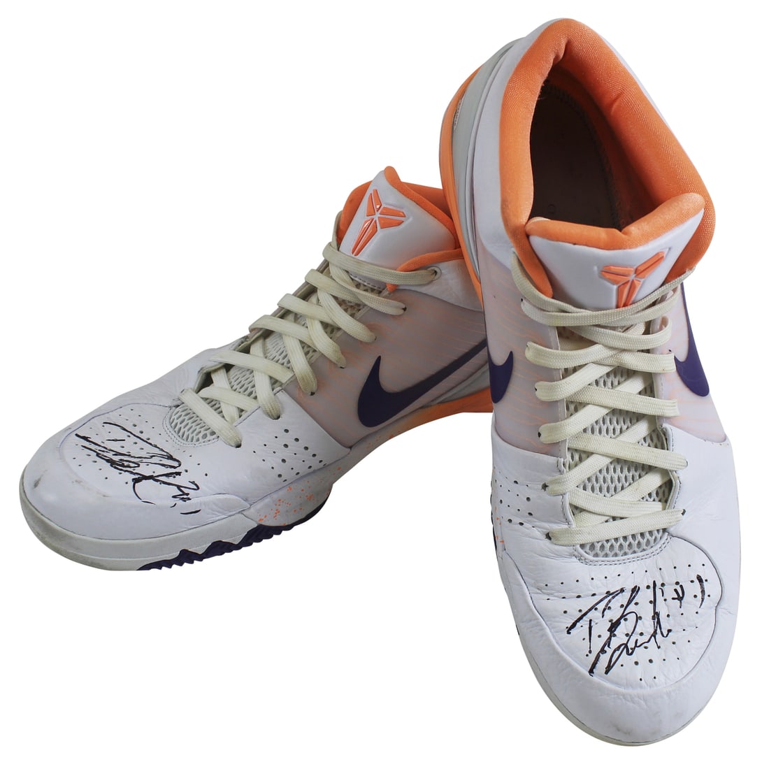 Devin Booker Signed Game Used Nike Kobe IV Shoes BAS COA Purple Peach White: Devin Booker Signed Game Used Nike Kobe IV Shoes BAS COA Purple Peach White This autographed pair of 2019-20 game-used Nike Kobe IV shoes, personally signed by Devin Booker of the Phoenix Suns, showca