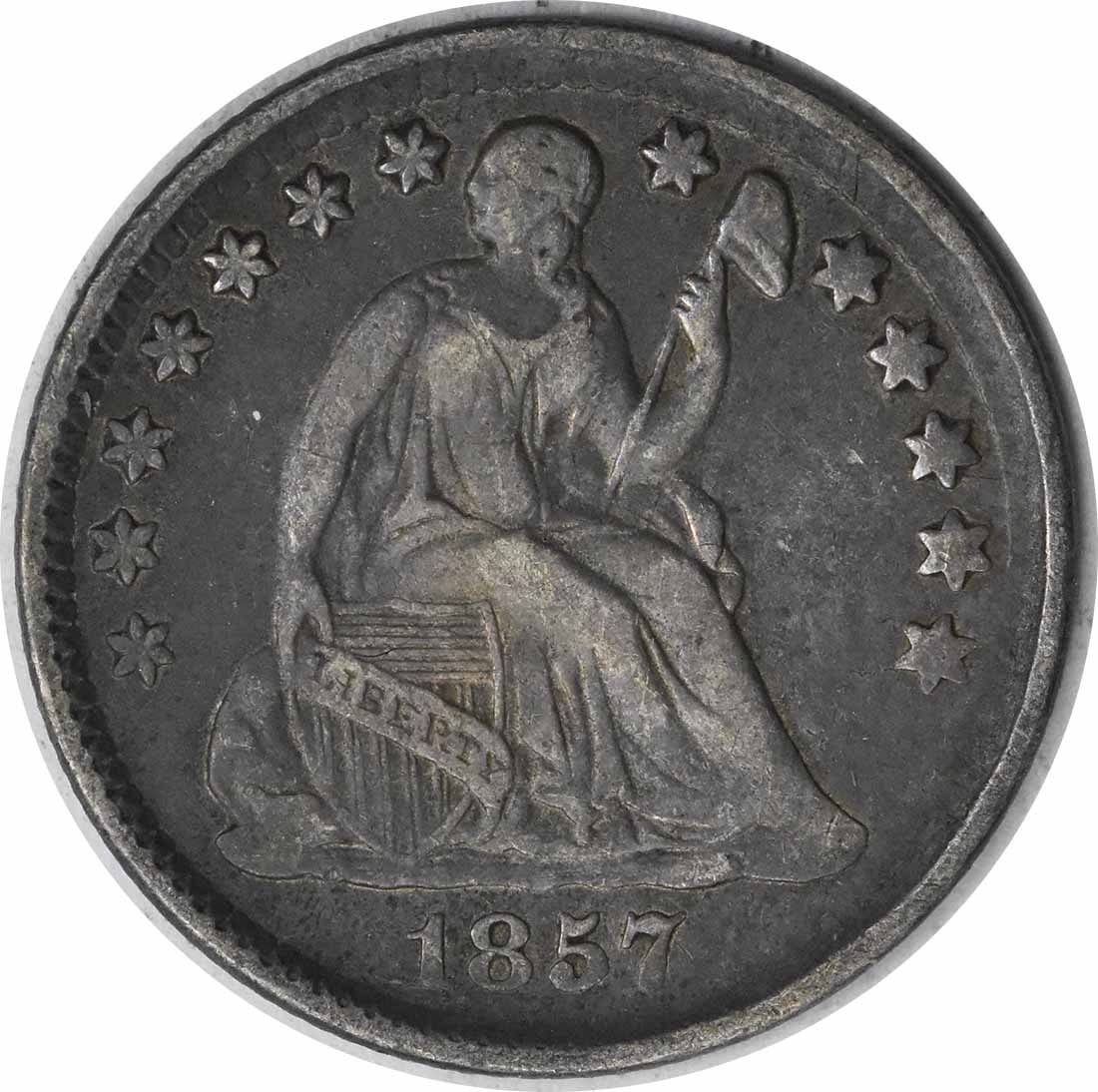 1857 Liberty Seated Half Dime 90% Silver Uncertified VF: 1857 Liberty Seated Half Dime 90% Silver Uncertified VF This 1857 Liberty Seated Silver Half Dime is a remarkable piece of numismatic history, featuring a classic design by renowned engraver Christian
