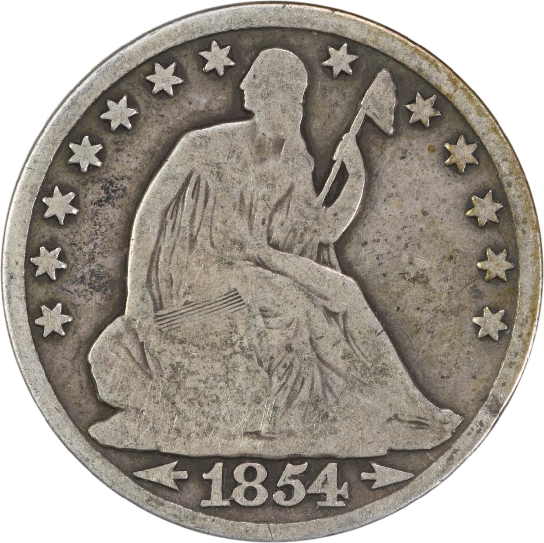 1854-O Liberty Seated Half Dollar 50C Uncertified Silver Coin: 1854-O Liberty Seated Half Dollar 50C Uncertified Silver Coin This 1854-O Liberty Seated Half Dollar features the distinctive design by Thomas Sully and Christian Gobrecht. Struck at the New Orleans M