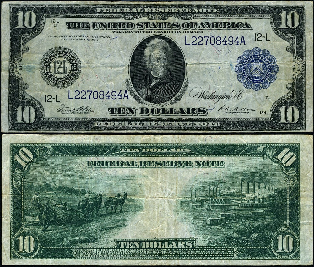 1914 $10 Federal Reserve Note FR. 951 A San Francisco VF (1 of 3)