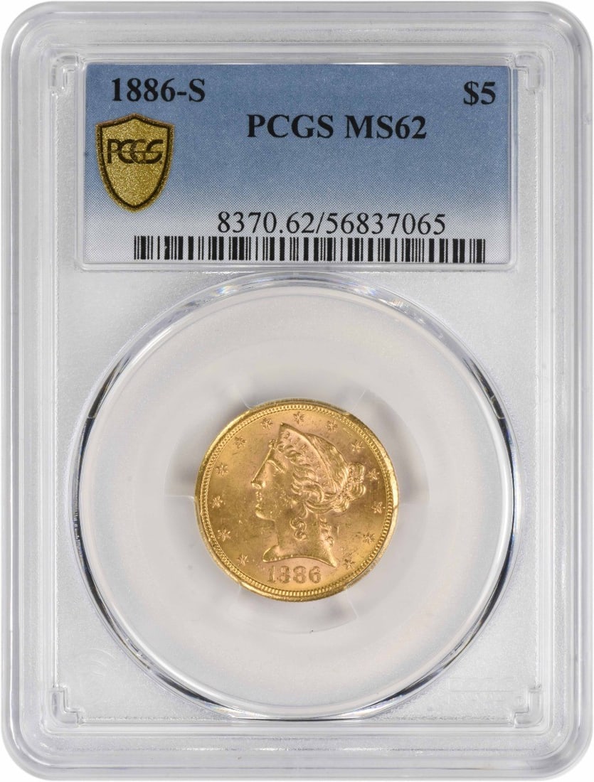 1886-S $5 Gold Liberty Head Coin MS62 PCGS Certified: 1886-S $5 Gold Liberty Head Coin MS62 PCGS Certified This stunning 1886-S $5 Gold Liberty Head coin, graded MS62 by PCGS, boasts remarkable historical significance and craftsmanship. Minted in San Fra