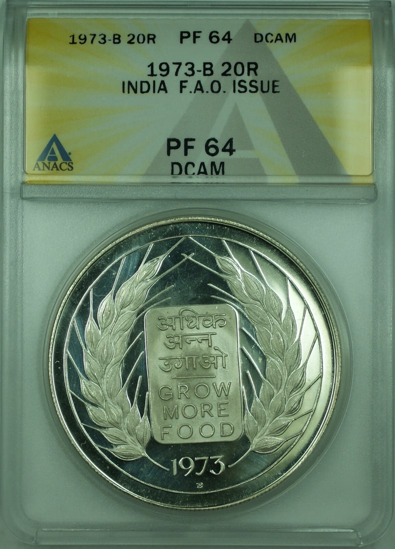 India 1973 20 Rupee Silver Proof Coin ANACS PR 64 F.A.O. KM 240: India 1973 20 Rupee Silver Proof Coin ANACS PR 64 F.A.O. KM 240 This 1973-B 20 Rupees proof coin from India is an F.A.O. issue, graded ANACS PF 64 DCAM. Struck in silver with a fineness of 0.5, it rep