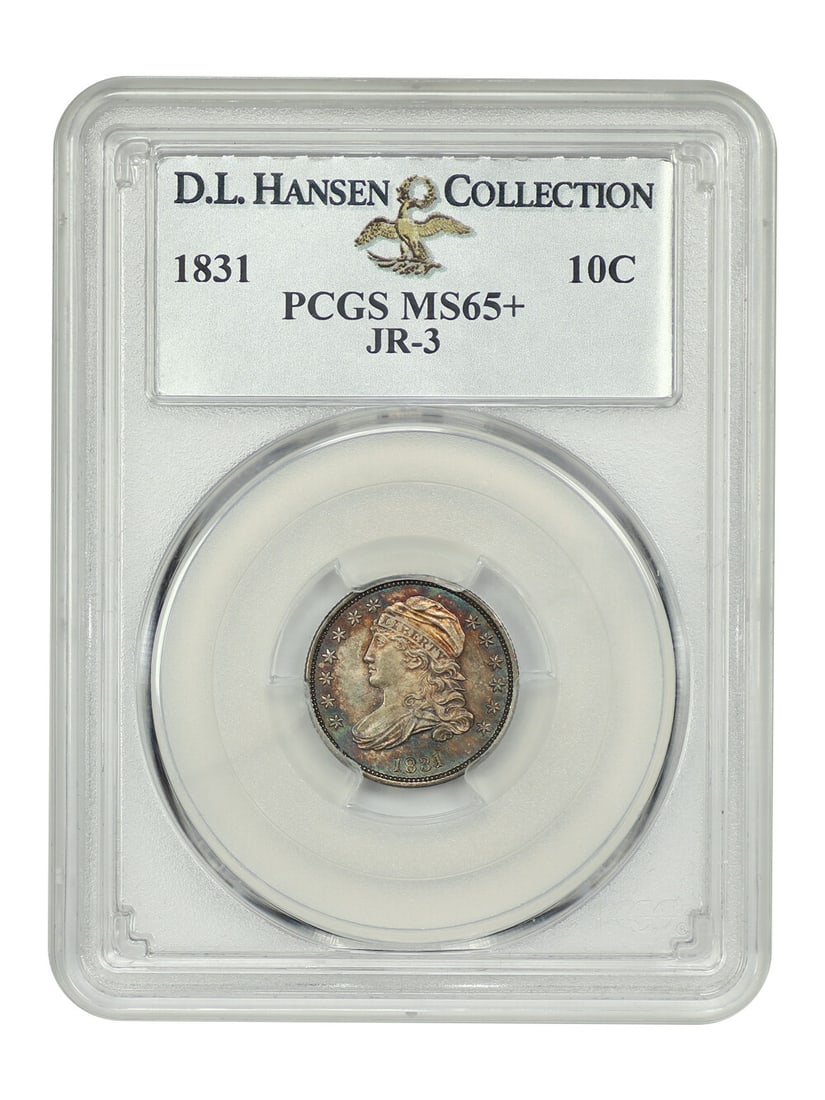 1831 Capped Bust Dime 10C PCGS MS65+ Ex D.L. Hansen: 1831 Capped Bust Dime 10C PCGS MS65+ Ex D.L. Hansen This exquisite 1831 Capped Bust Dime is graded MS65+ by PCGS, making it a stunning addition to any collection. With a certification number of 838369