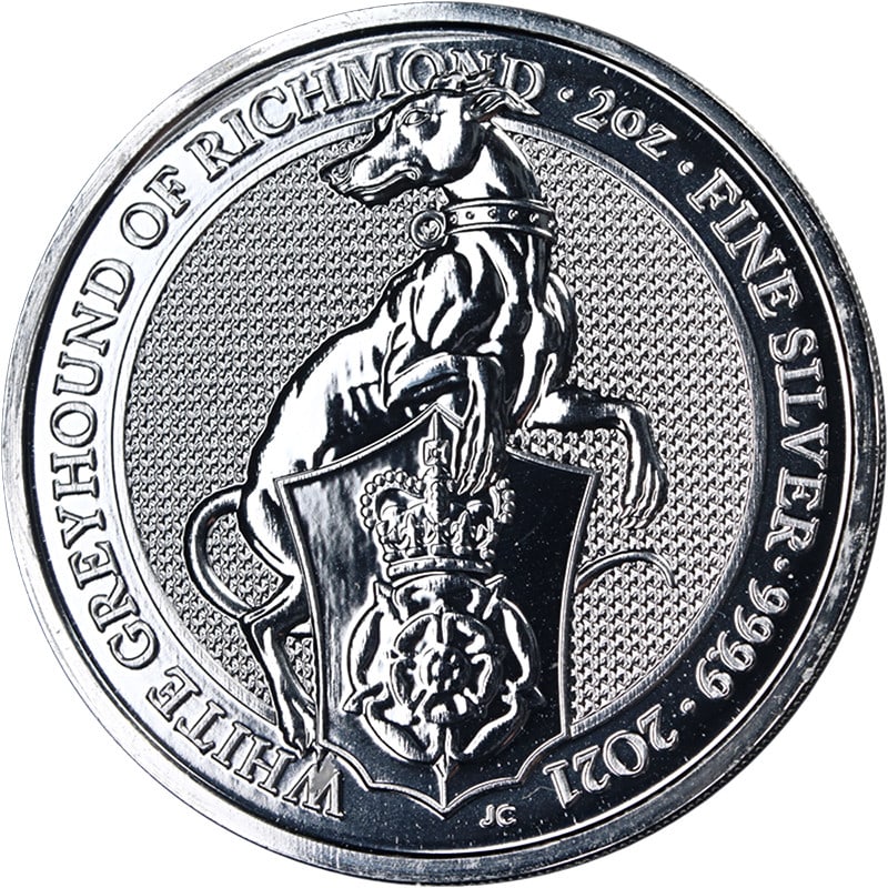 White Greyhound of Richmond 2021 UK 2 Oz 999 Silver Queen's Beast Coin: White Greyhound of Richmond 2021 UK 2 Oz 999 Silver Queen's Beast Coin This is a 2021 Great Britain 2 ounce silver coin from the Queen's Beast series, featuring the White Greyhound of Richmond. The co