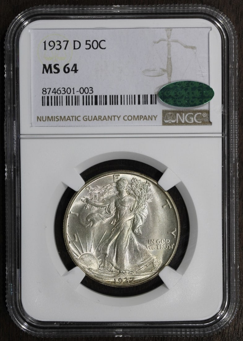 1937 Denver Silver 50C Liberty Walking Half Dollar MS64 NGC CAC: 1937 Denver Silver 50C Liberty Walking Half Dollar MS64 NGC CAC This 1937-D Walking Liberty Half Dollar is an un-used coin graded MS64 by NGC and certified by CAC. Struck in Denver, it features the ic