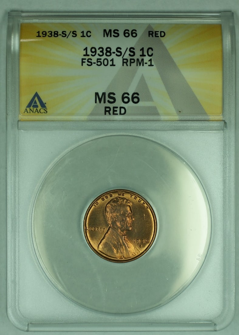 1938-S/S Lincoln Wheat Cent FS-501 ANACS MS 66 Red Certified 1C Coin (1 of 2)