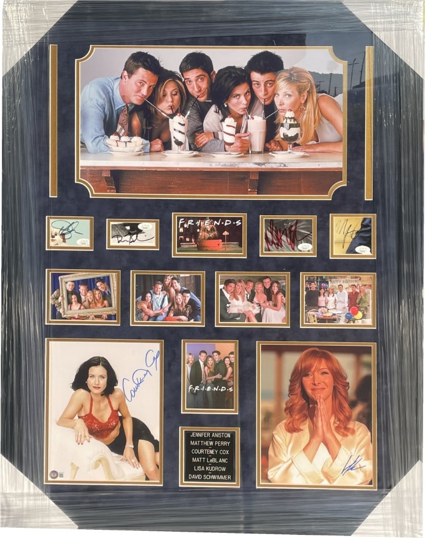 Friends Cast Signed Cut Signatures Framed Display JSA Authenticated: Friends Cast Signed Cut Signatures Framed Display JSA Authenticated This framed display features autographed cut signatures from the beloved cast of the iconic TV show Friends. The 8x10 photos include