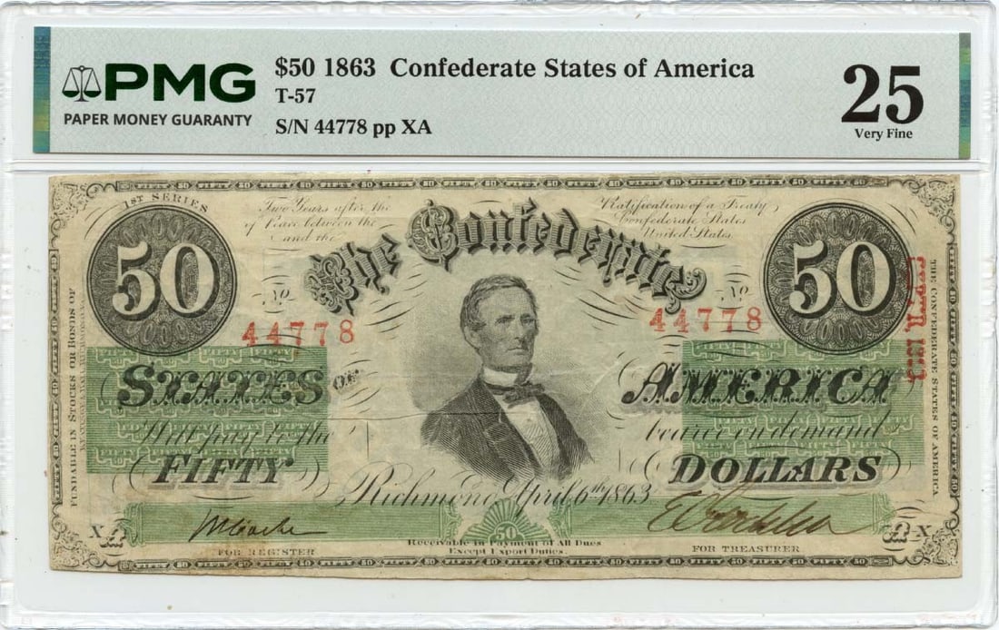 PMG Graded 1863 CSA $50 T-57 Confederate Note VF25 (1 of 2)