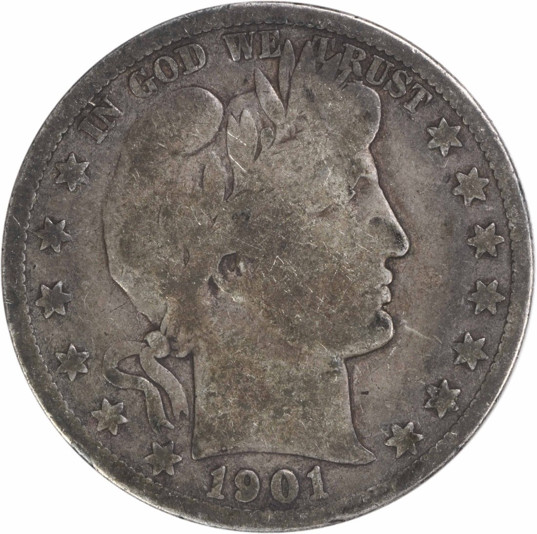 1901-S Barber Half Dollar 90% Silver G Uncertified Coin: 1901-S Barber Half Dollar 90% Silver G Uncertified Coin This 1901-S Barber Silver Half Dollar is a historical piece of American currency, featuring the iconic design by Charles E. Barber. The coin is