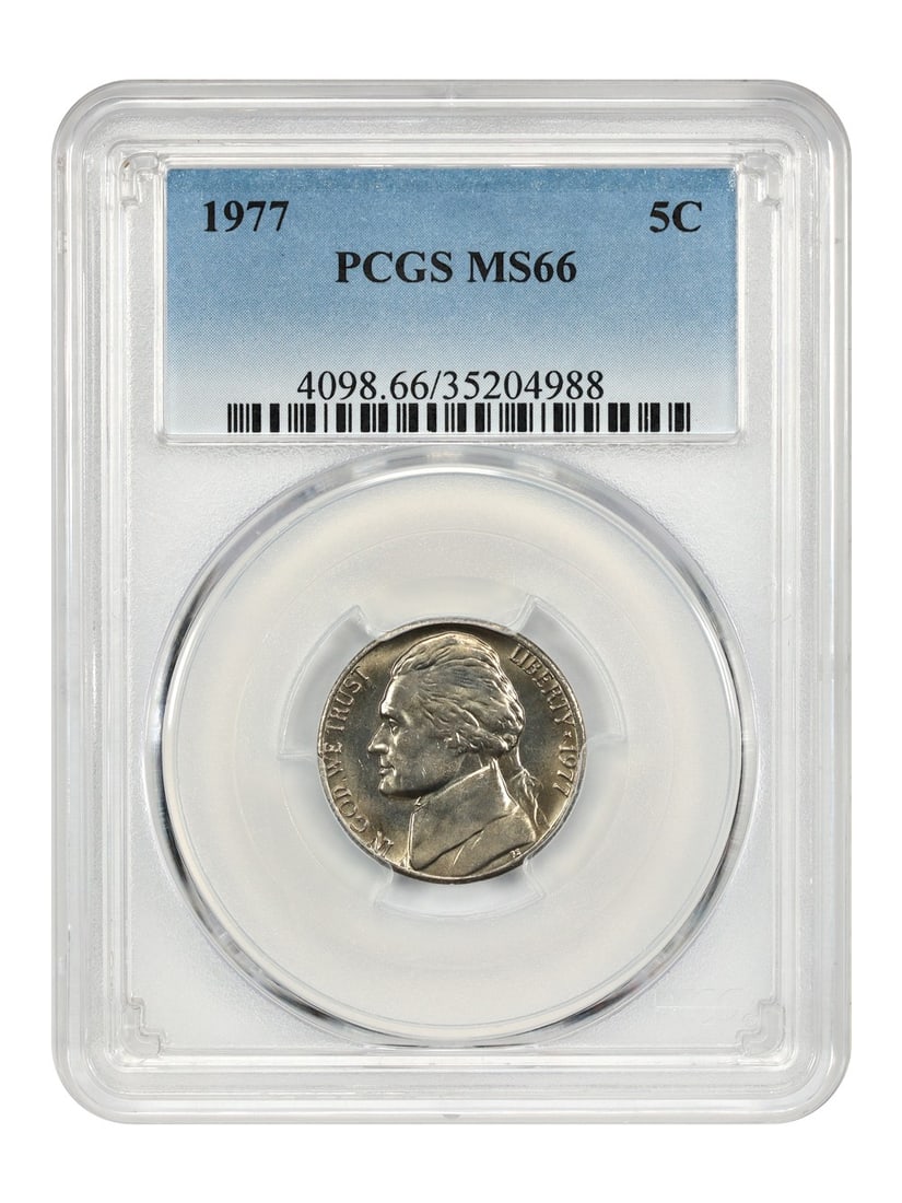 PCGS MS66 1977 Jefferson Nickel Five Cent Coin Uncirculated: PCGS MS66 1977 Jefferson Nickel Five Cent Coin Uncirculated This 1977 Jefferson Nickel features a denomination of 5 cents and is graded MS66 by PCGS. The coin is uncirculated and was minted in Philade