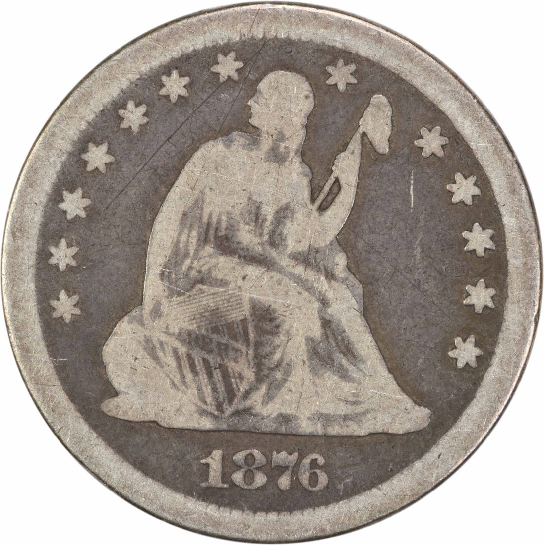 1876-CC Liberty Seated Quarter 90% Silver Uncertified Coin: 1876-CC Liberty Seated Quarter 90% Silver Uncertified Coin This 1876-CC Liberty Seated Quarter is a notable piece of American numismatic history. Minted in Carson City, this quarter features a composi