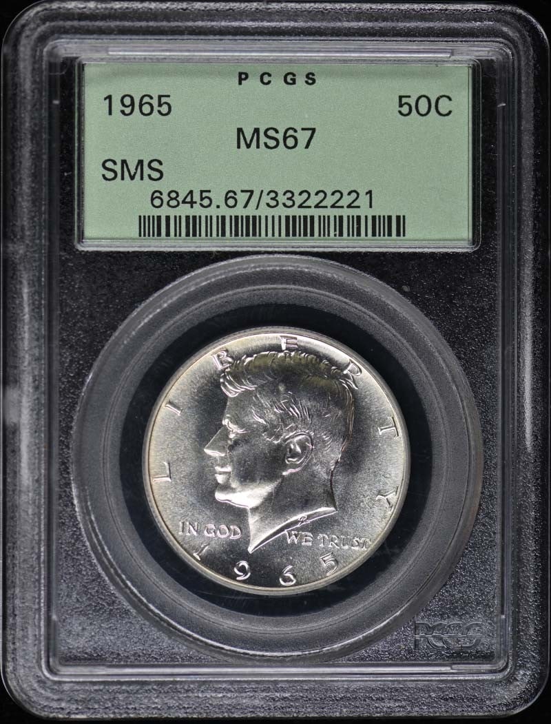 1965 Kennedy Half Dollar Silver Clad PCGS SP67 Uncirculated: 1965 Kennedy Half Dollar Silver Clad PCGS SP67 Uncirculated This 1965 50C SMS Kennedy Half Dollar is a remarkable piece certified by PCGS with a grade of SP67, indicating its uncirculated condition. M
