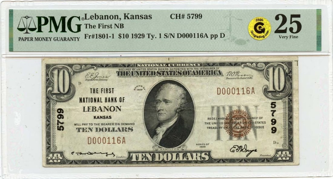 1929 $10 First National Bank Lebanon KS PMG VF25 Certified Note: 1929 $10 First National Bank Lebanon KS PMG VF25 Certified Note This 1929 $10 note from the First National Bank of Lebanon, Kansas, is a remarkable piece of currency history. Graded as VF25 by PMG, it