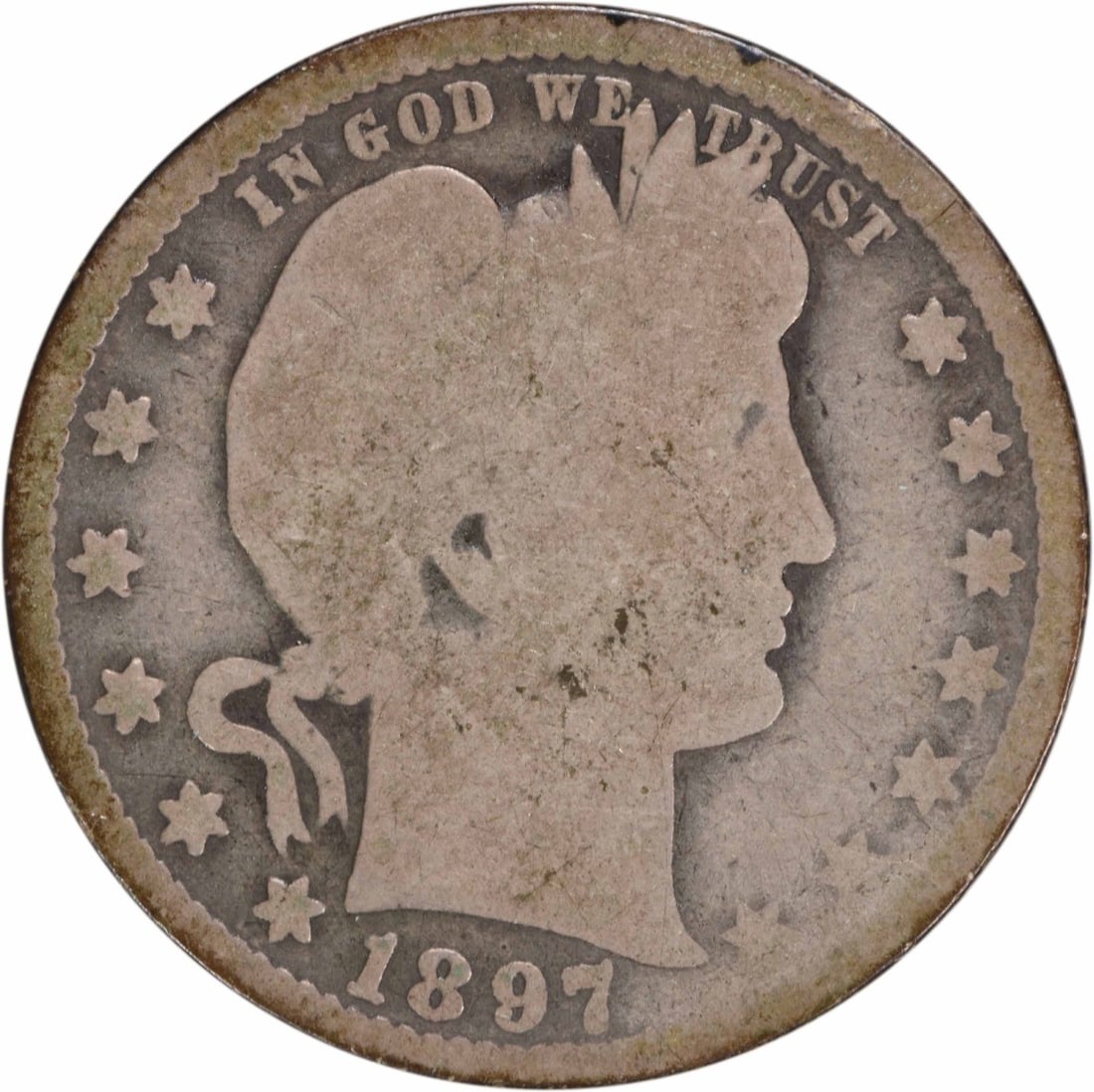 1897-O Barber Silver Quarter 25C G Uncertified Coin: 1897-O Barber Silver Quarter 25C G Uncertified Coin This 1897-O Barber Silver Quarter is a historical piece of American currency, featuring the iconic design by Charles E. Barber. Minted in New Orlean