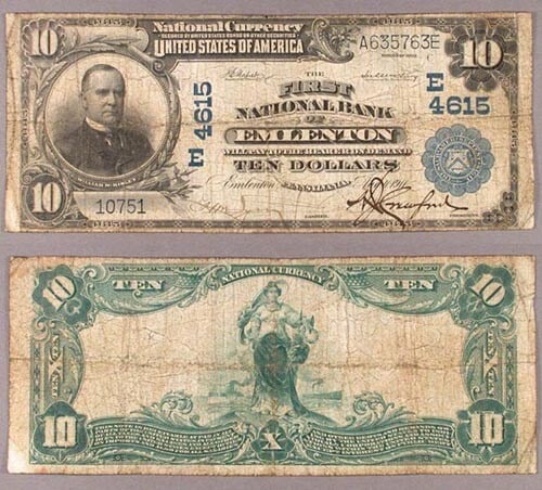 1902 $10 National Bank Note Emlenton PA Charter 4615 First NB Very Good (1 of 1)