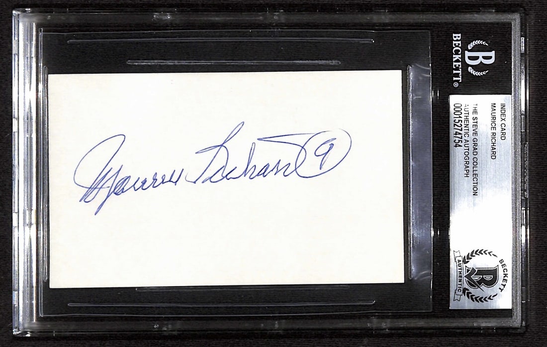 Autographed 3x5 Index Card Maurice Richard Beckett Authenticated: Autographed 3x5 Index Card Maurice Richard Beckett Authenticated This is an original 3x5 inch index card autographed by Maurice Richard, the legendary right wing of the Montreal Canadiens. The signatu