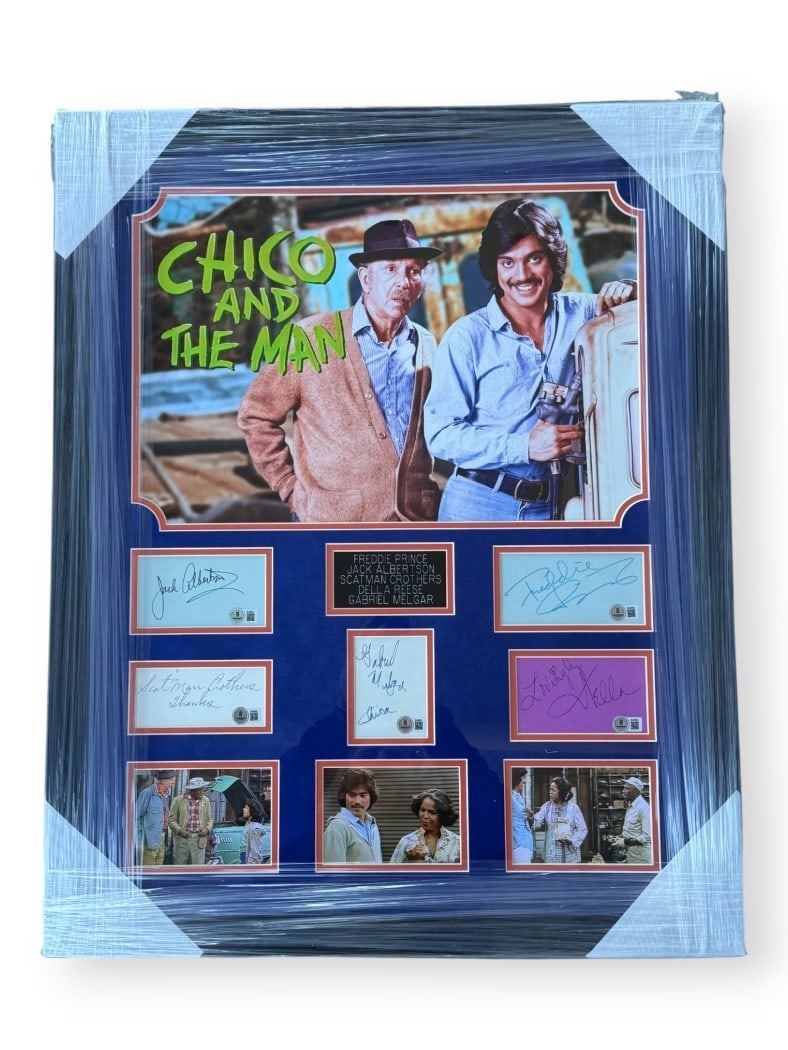 Framed Chico and the Man Cast Autographs Beckett Authenticated 24x30: Framed Chico and the Man Cast Autographs Beckett Authenticated 24x30 This framed display features cut signatures from the cast of "Chico and the Man," including Freddie Prinze, Jack Albertson, Scatman