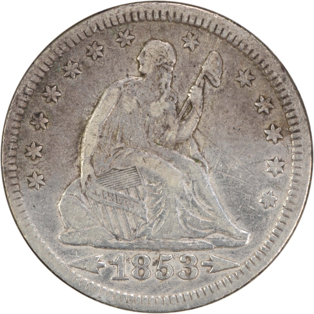 1853 Liberty Seated Silver Quarter 25C Philadelphia: 1853 Liberty Seated Silver Quarter 25C Philadelphia This 1853 Liberty Seated Silver Quarter features arrows and rays, showcasing the iconic design by Robert Ball Hughes and Christian Gobrecht. The coi