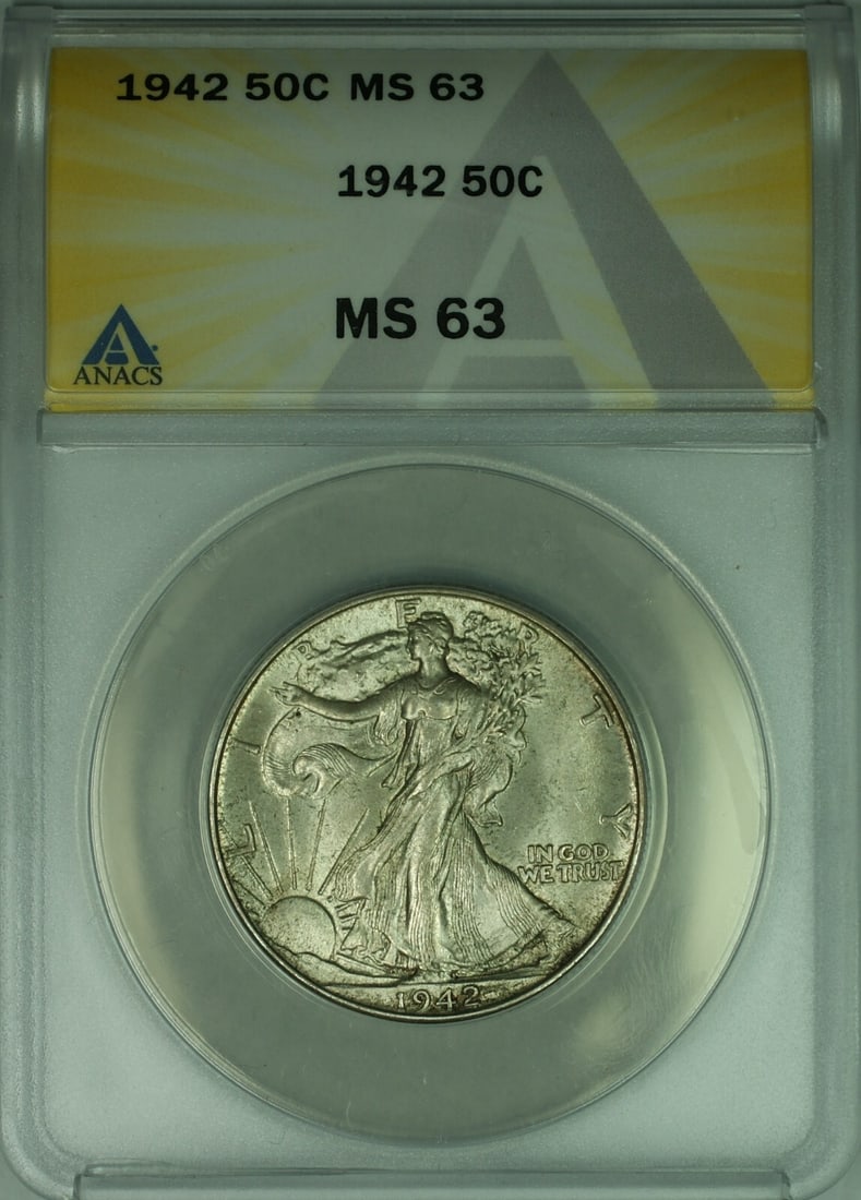 1942 Liberty Walking Half Dollar Silver Coin ANACS MS 63 Light Toning: 1942 Liberty Walking Half Dollar Silver Coin ANACS MS 63 Light Toning This 1942 Walking Liberty Silver Half Dollar features light toning and has been graded MS 63 by ANACS. Struck in Philadelphia, thi
