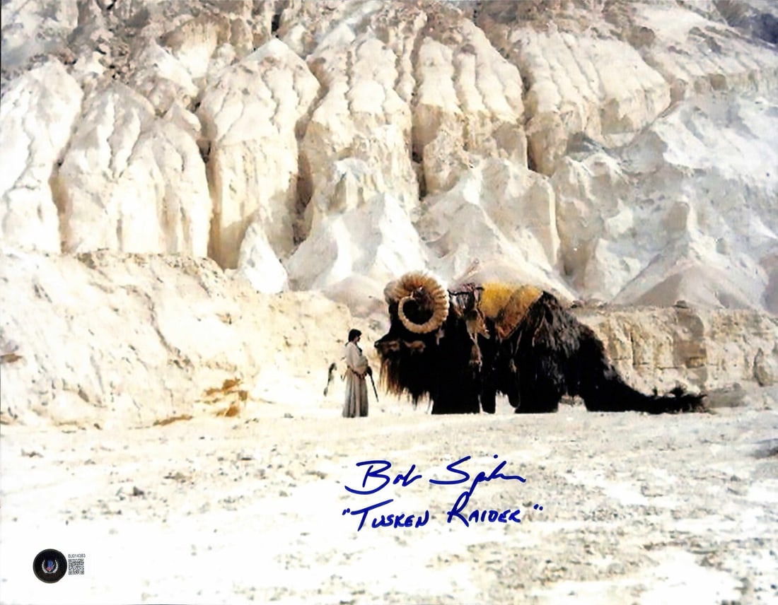 Bob Spiker Signed Tusken Raider Star Wars 11x14 Photo Beckett Certified: Bob Spiker Signed Tusken Raider Star Wars 11x14 Photo Beckett Certified This is an original signed 11x14 photograph featuring Bob Spiker as the Tusken Raider from Star Wars. The photograph is autograp
