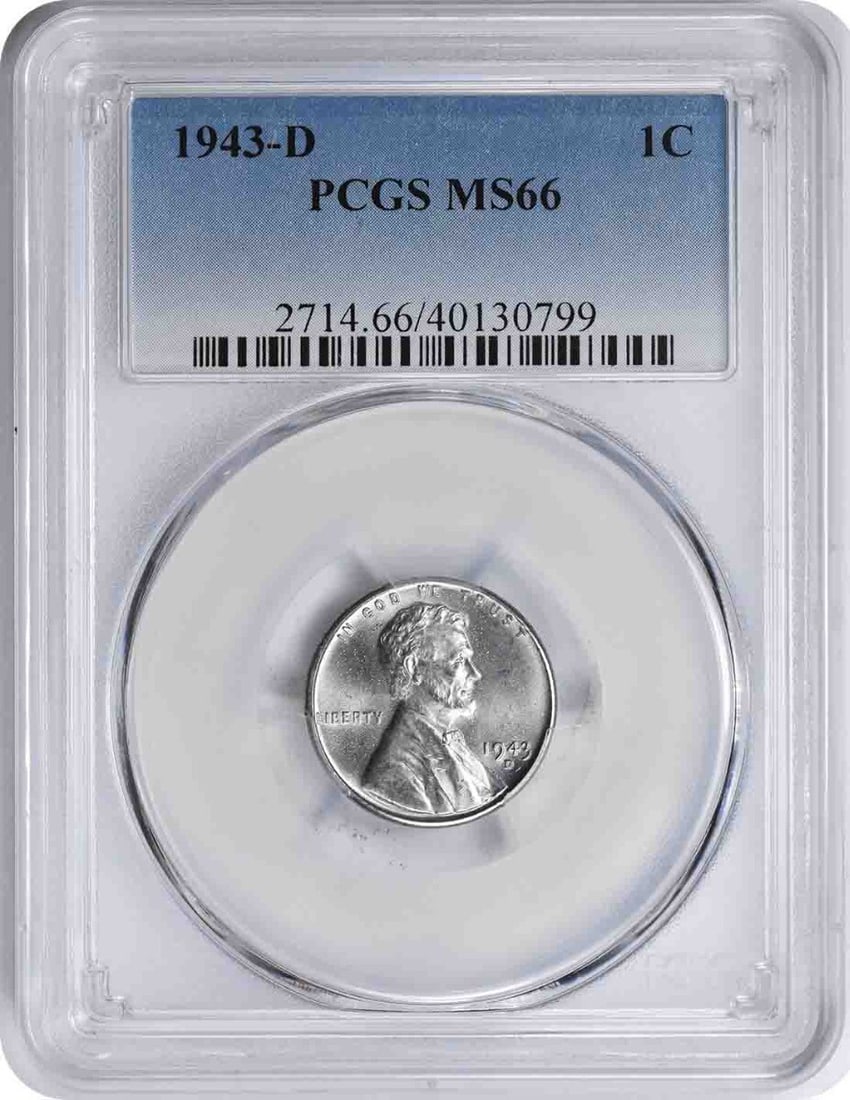 1943-D Lincoln Steel Cent MS66 PCGS Uncirculated: 1943-D Lincoln Steel Cent MS66 PCGS Uncirculated This 1943-D Lincoln Steel Cent is a remarkable piece graded MS66 by PCGS, indicating its exceptional quality and uncirculated condition. Minted in 1943