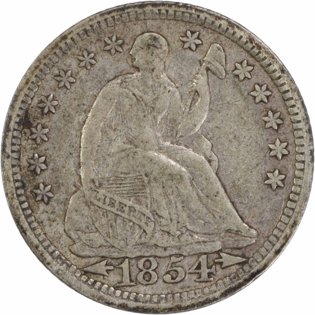 1854 Liberty Seated Half Dime 90% Silver EF Uncertified: 1854 Liberty Seated Half Dime 90% Silver EF Uncertified This 1854 Liberty Seated Silver Half Dime showcases a rich history and intricate design, featuring the work of designer Christian Gobrecht. With