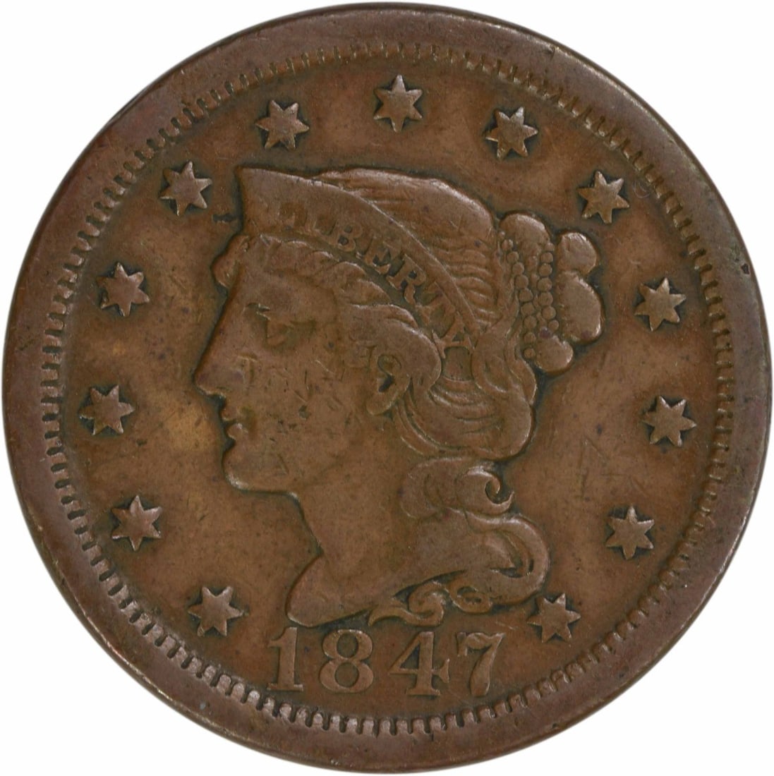 1847 Braided Hair Large Cent Copper VF Uncertified: 1847 Braided Hair Large Cent Copper VF Uncertified This 1847 Large Cent is a classic piece of American numismatics, featuring the Braided Hair design by Christian Gobrecht. With a grade of VF (Very Fi