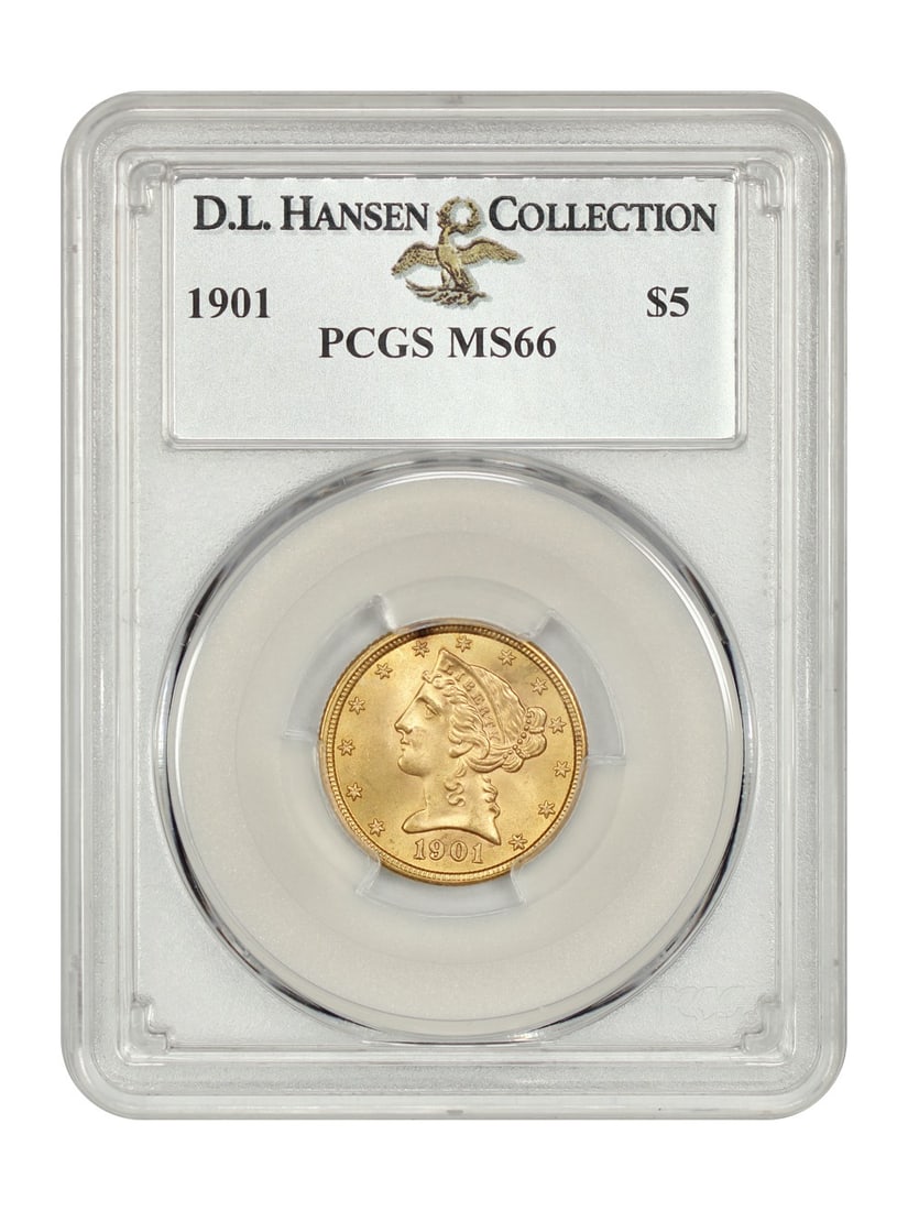 1901 Liberty Head $5 Gold Coin PCGS MS66 D.L. Hansen: 1901 Liberty Head $5 Gold Coin PCGS MS66 D.L. Hansen This 1901 Liberty Head $5 gold coin is certified by PCGS with a remarkable grade of MS66, making it a superb gem and an excellent choice for collec