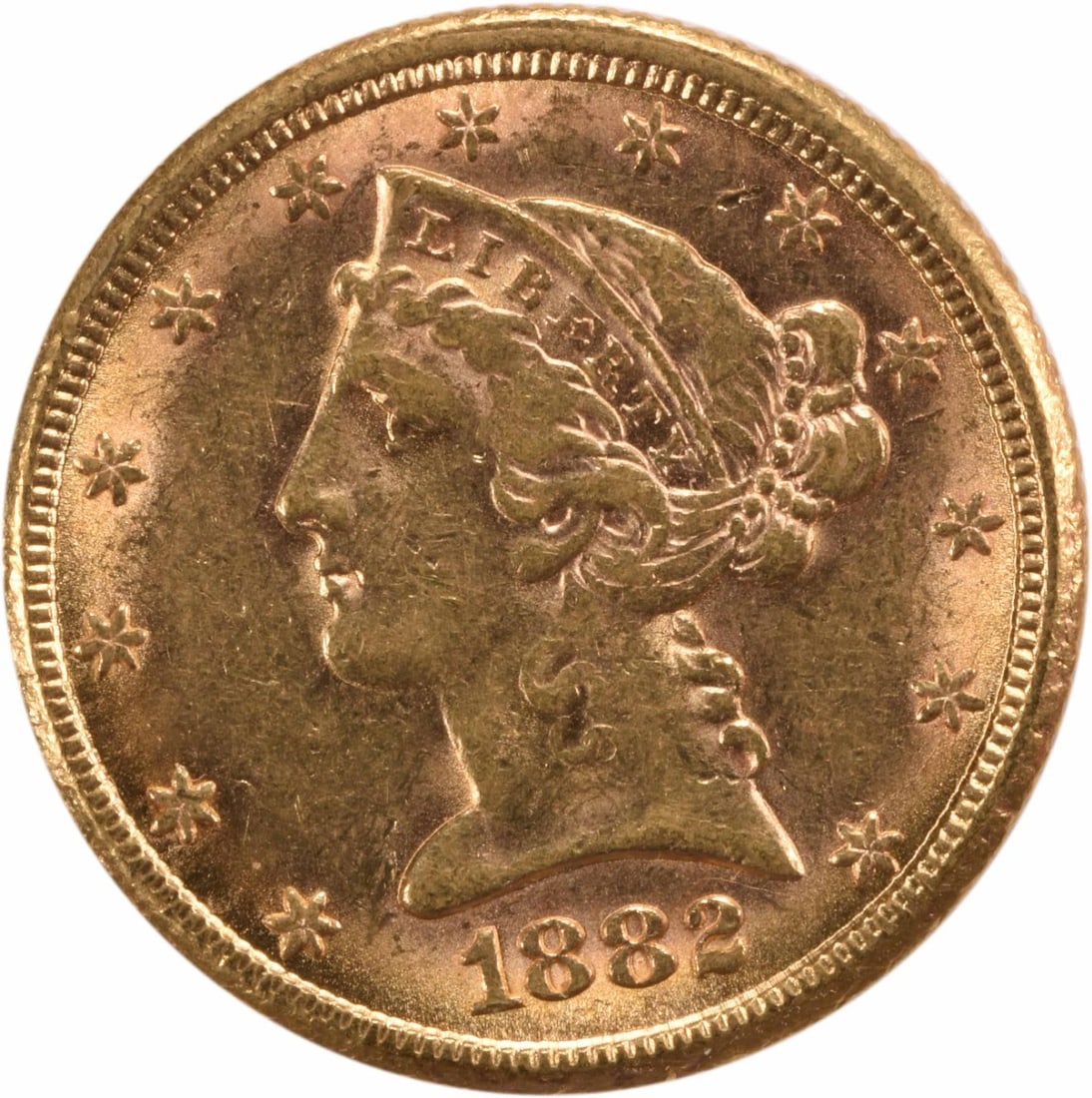 1882 $5 Gold Liberty Head Coin AU Uncertified Philadelphia Mint: 1882 $5 Gold Liberty Head Coin AU Uncertified Philadelphia Mint This 1882 $5 Gold Liberty Head coin features stunning craftsmanship by designer Christian Gobrecht. It is a circulated piece with an AU