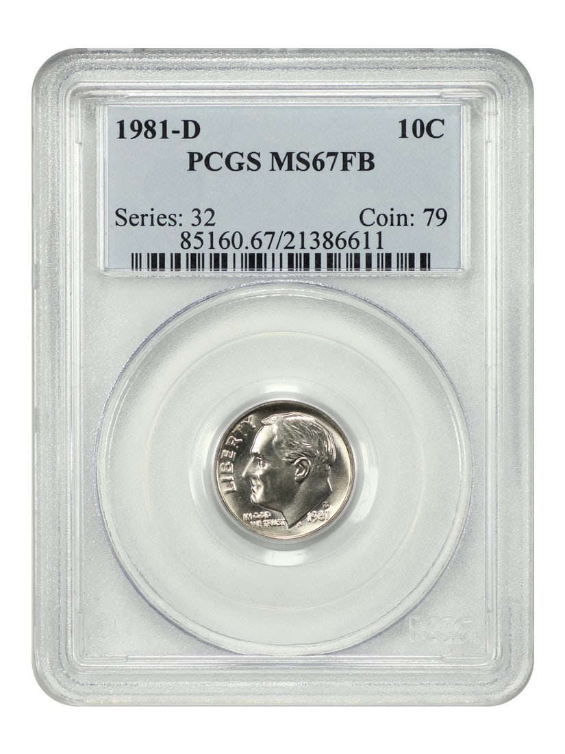 PCGS MS67FB 1981 Denver Roosevelt Dime Certified 10C Coin: PCGS MS67FB 1981 Denver Roosevelt Dime Certified 10C Coin This is a 1981-D Roosevelt Dime graded MS67FB by PCGS. The coin is uncirculated and originates from the Denver Mint. It is part of the Rooseve