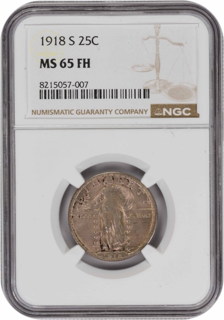 1918 San Francisco Standing Liberty 25C NGC MS65FH Silver Quarter: 1918 San Francisco Standing Liberty 25C NGC MS65FH Silver Quarter This is a 1918-S Standing Liberty Quarter, graded MS65 Full Head by NGC. Minted in San Francisco, this pre-owned coin features a compo