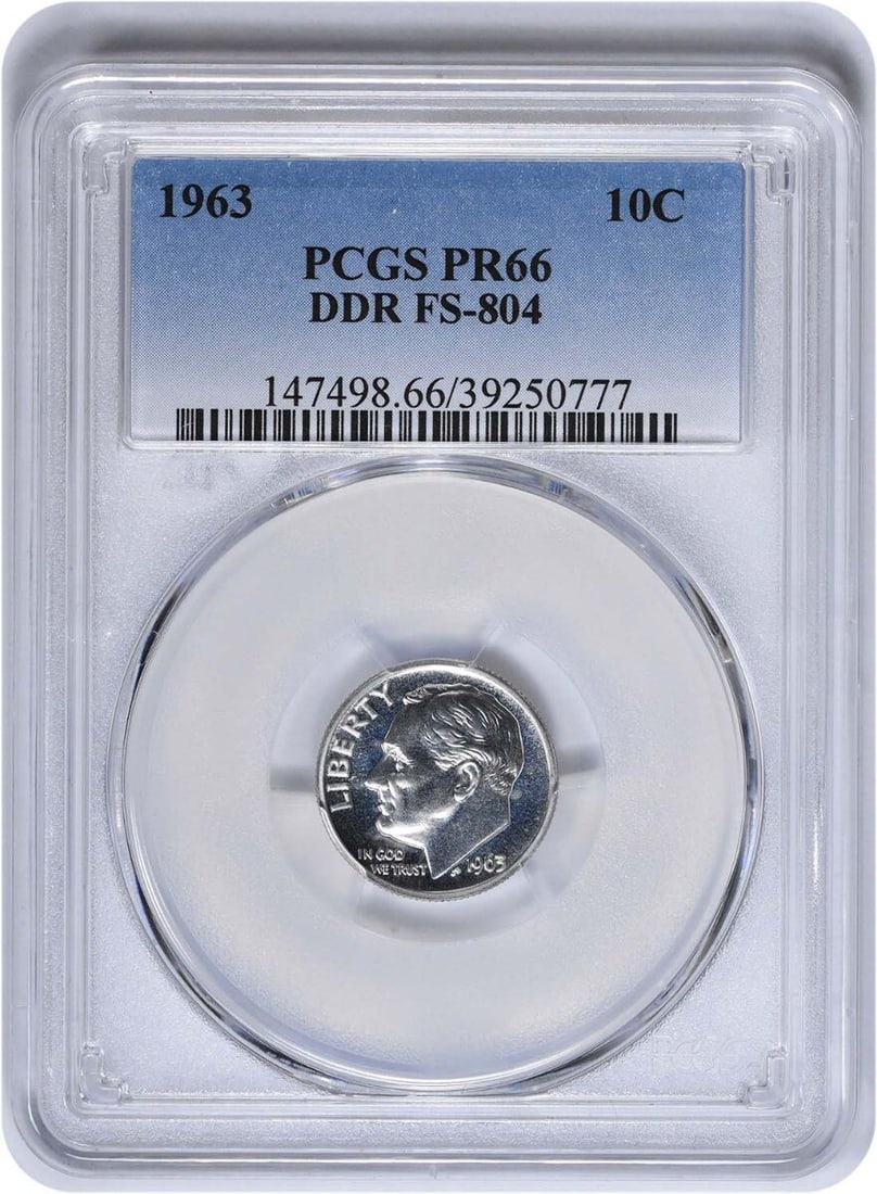 DDR FS-804 Proof 1963 Roosevelt Dime Silver PCGS PR66: DDR FS-804 Proof 1963 Roosevelt Dime Silver PCGS PR66 This 1963 Roosevelt Dime features the DDR FS-804 variety and is graded PF66 by PCGS. Struck as a proof coin at the Philadelphia Mint, it is compos