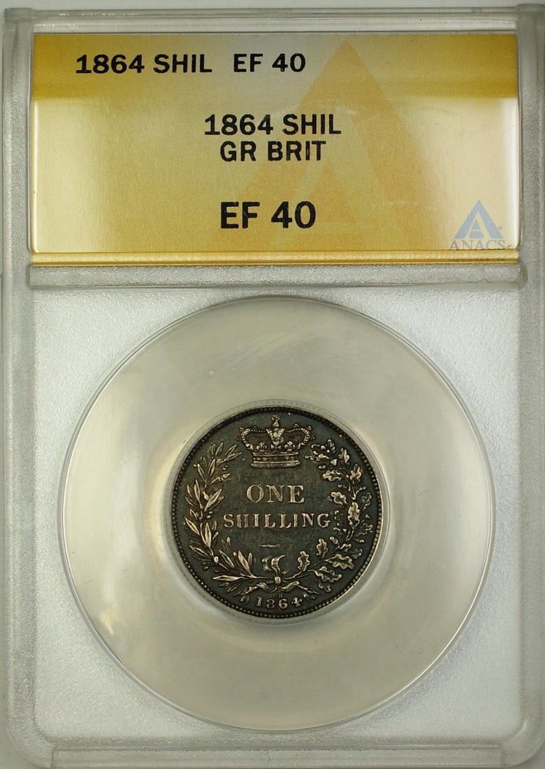 ANACS EF-40 1864 United Kingdom Die 68 Silver One Shilling Coin: ANACS EF-40 1864 United Kingdom Die 68 Silver One Shilling Coin This 1864 Die 68 Great Britain 1 Shilling silver coin has been certified by ANACS with a grade of EF 40. The coin is circulated and comp