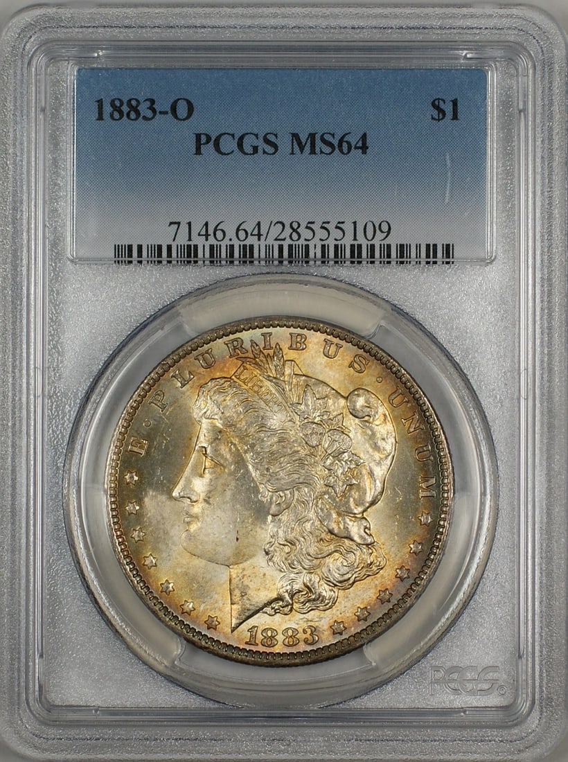 PCGS MS-64 1883-O Morgan Dollar Silver Coin with Attractive Toning: PCGS MS-64 1883-O Morgan Dollar Silver Coin with Attractive Toning This 1883-O Morgan Silver Dollar $1 coin is graded MS-64 by PCGS and features an attractive toning. Minted in New Orleans in 1883, th