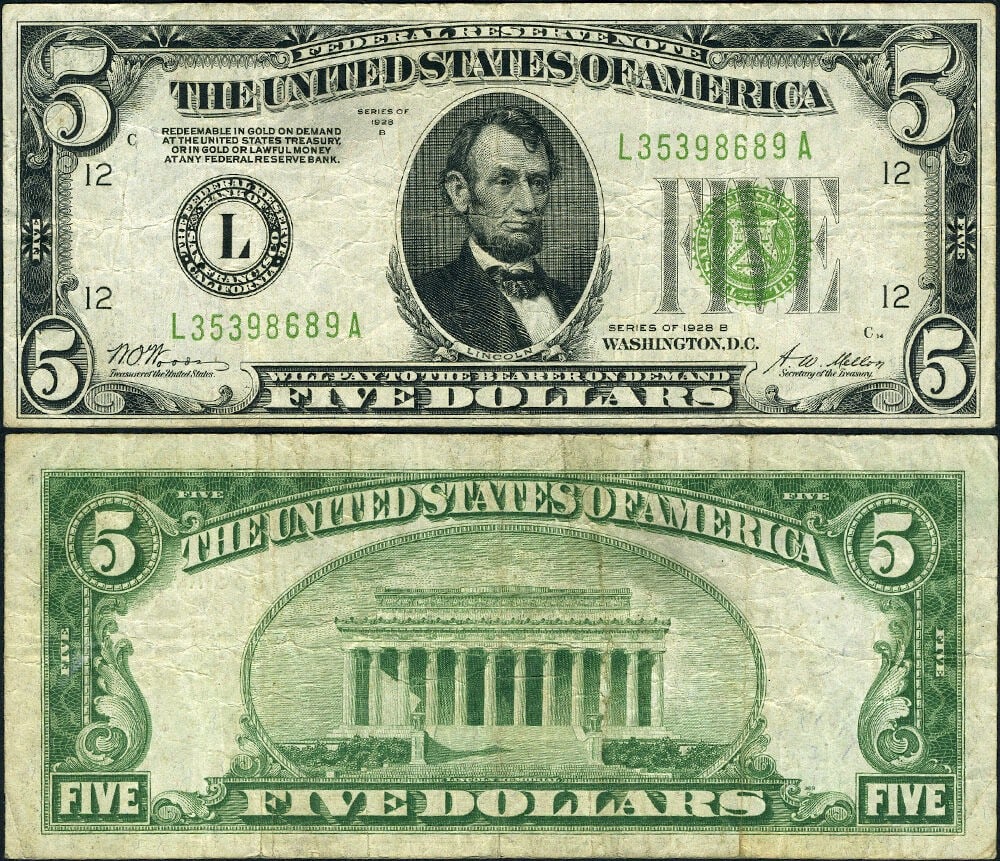 1928-B $5 San Francisco Federal Reserve Note L-A Block DGS FR 1952 L VF: 1928-B $5 San Francisco Federal Reserve Note L-A Block DGS FR 1952 L VF This is a $5 Federal Reserve Note from the 1928-B series, issued by the San Francisco Federal Reserve (L-A Block). The note is c