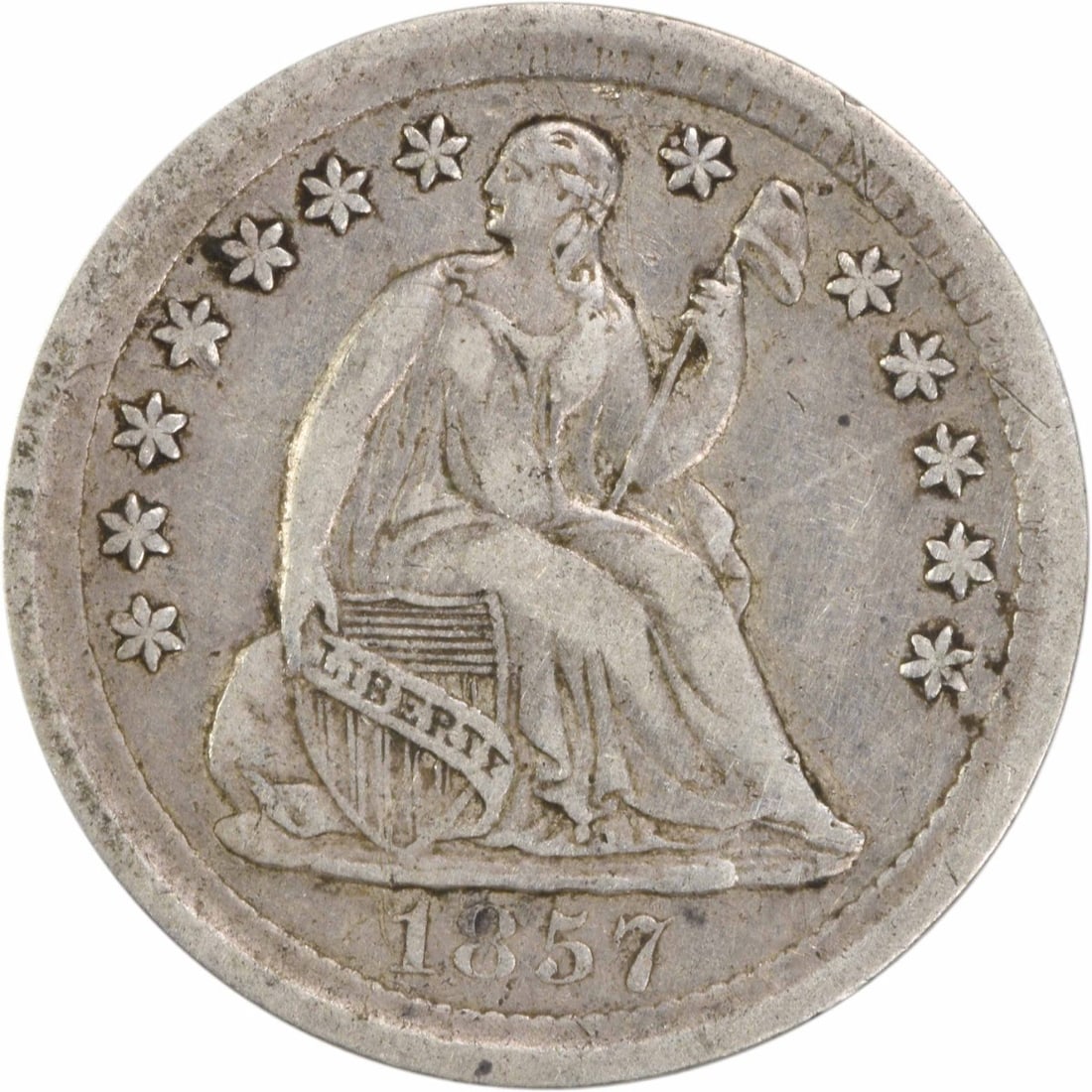 1857 Liberty Seated Half Dime 90% Silver Uncertified Coin: 1857 Liberty Seated Half Dime 90% Silver Uncertified Coin This 1857 Liberty Seated Silver Half Dime, minted in Philadelphia, is a classic piece of American numismatics. Featuring a design by Christian