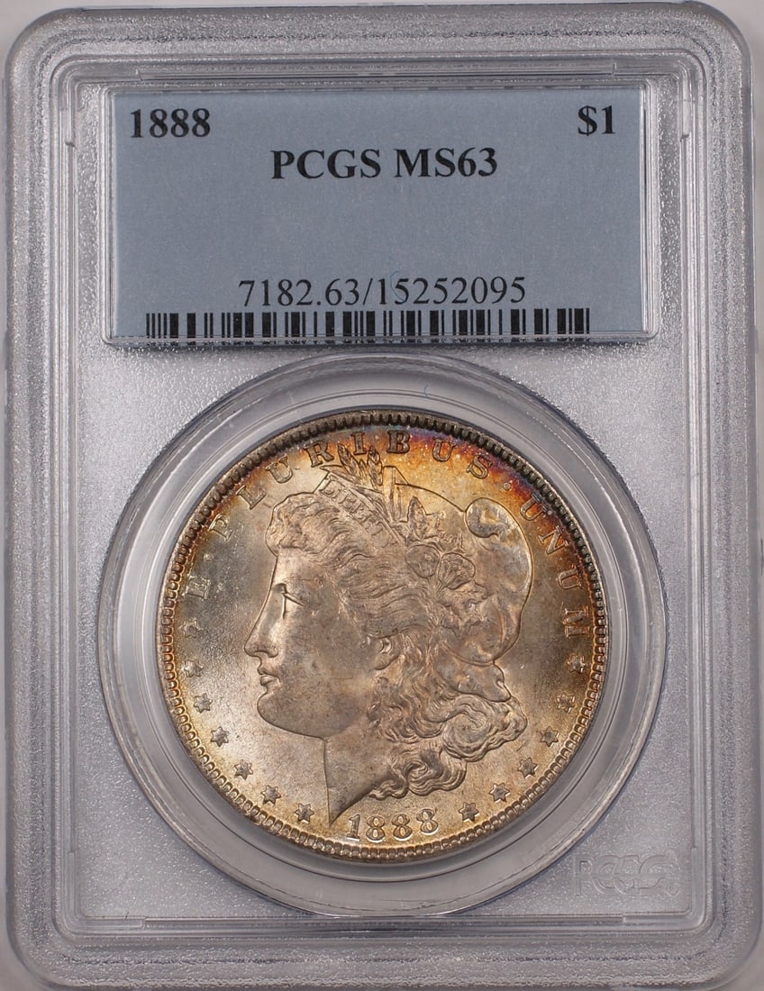 PCGS MS63 1888 Philadelphia Morgan Silver Dollar Toned Uncirculated $1 Coin: PCGS MS63 1888 Philadelphia Morgan Silver Dollar Toned Uncirculated $1 Coin This 1888 Morgan Silver Dollar features a $1 denomination and has been graded MS-63 by PCGS. The coin is uncirculated, displ
