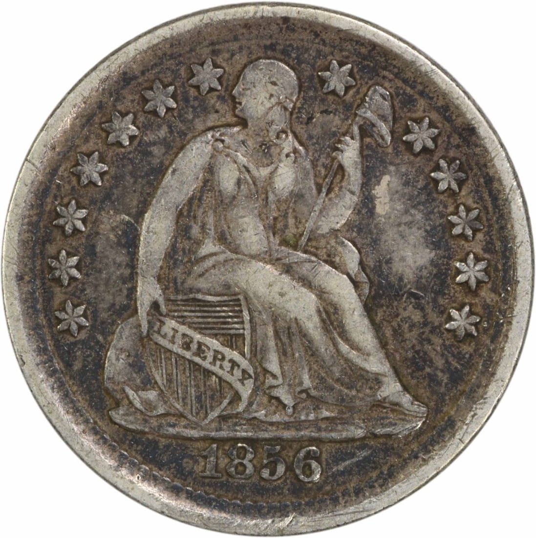 1856 Liberty Seated Half Dime 90% Silver Uncertified EF: 1856 Liberty Seated Half Dime 90% Silver Uncertified EF This 1856 Liberty Seated Half Dime is a captivating piece of American numismatic history. Featuring a design by renowned engraver Christian Gobr