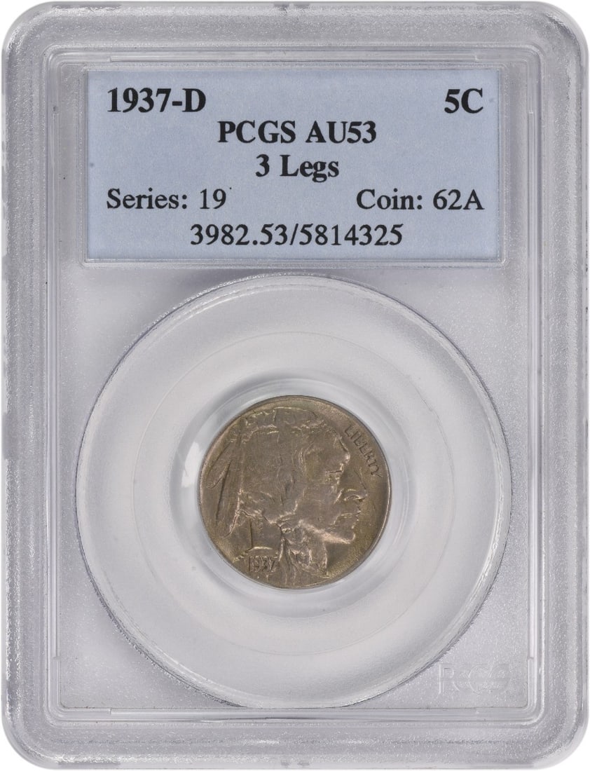 AU53 PCGS graded 1937 Denver 3 Leg Buffalo Nickel: AU53 PCGS graded 1937 Denver 3 Leg Buffalo Nickel This is a 1937-D Buffalo Nickel featuring the rare 3 Legs variety. The coin has been graded AU53 by PCGS, indicating it is in About Uncirculated condi