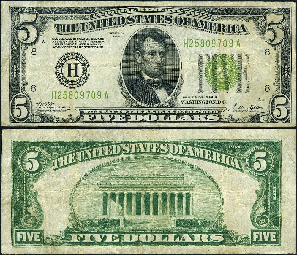 1928-B $5 Federal Reserve Note St. Louis H-A Block Light Green Seal VF: 1928-B $5 Federal Reserve Note St. Louis H-A Block Light Green Seal VF This is a $5 1928-B Federal Reserve Note from St. Louis, featuring the H-A Block and Light Green Seal variety with the Gold Deman