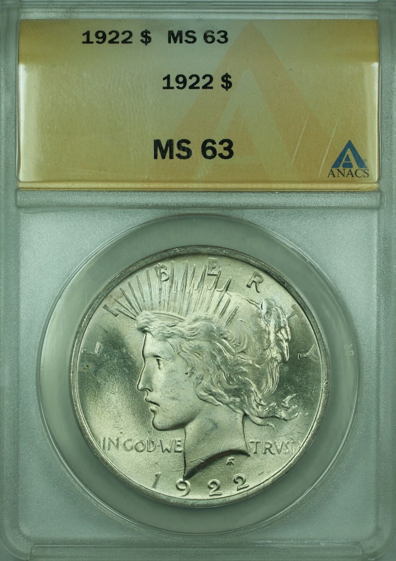 1922 $1 Peace Dollar Silver Coin Graded MS63 by ANACS: 1922 $1 Peace Dollar Silver Coin Graded MS63 by ANACS This is a 1922 Peace Silver Dollar $1 coin graded MS-63 by ANACS. Minted in Philadelphia, this uncirculated coin is composed of 90% silver and fea
