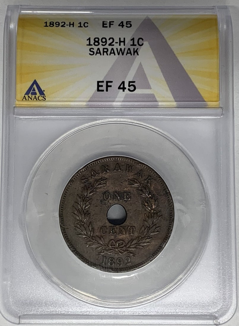 ANACS Certified XF 45 1892-H Malaysia Sarawak One Cent Coin: ANACS Certified XF 45 1892-H Malaysia Sarawak One Cent Coin This is a 1 cent coin from Sarawak, dated 1892 and originating from Malaysia. The coin is certified by ANACS with a grade of XF 45, indicati
