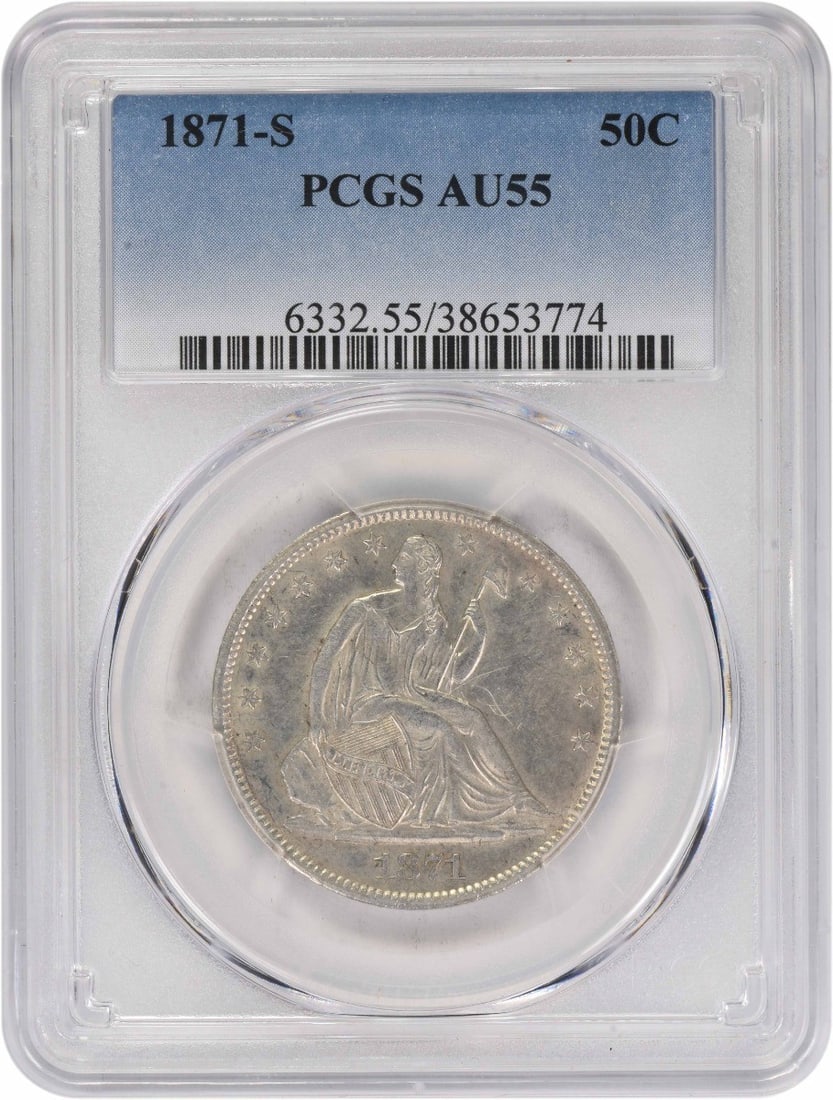 1871 San Francisco Seated Liberty Half Dollar PCGS AU55 Certified: 1871 San Francisco Seated Liberty Half Dollar PCGS AU55 Certified This 1871-S Liberty Seated Half Dollar is graded AU55 by PCGS. Struck in San Francisco, this circulated coin features the classic Seat
