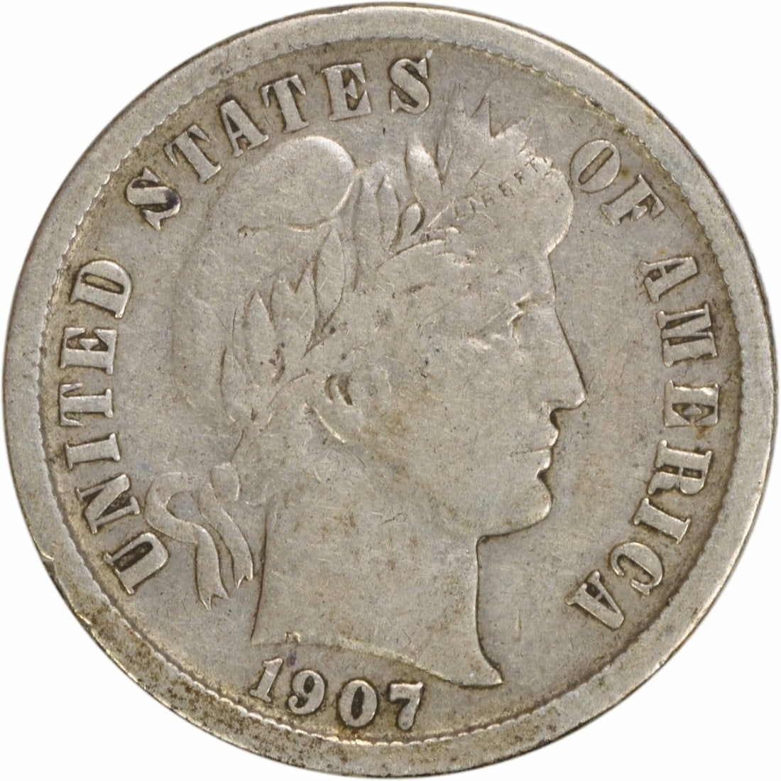 1907-O Barber Dime 10C VF Uncertified 90% Silver Coin: 1907-O Barber Dime 10C VF Uncertified 90% Silver Coin This 1907-O Barber Silver Dime is a classic piece of American numismatic history. Struck in New Orleans, this coin features a composition of 90% s