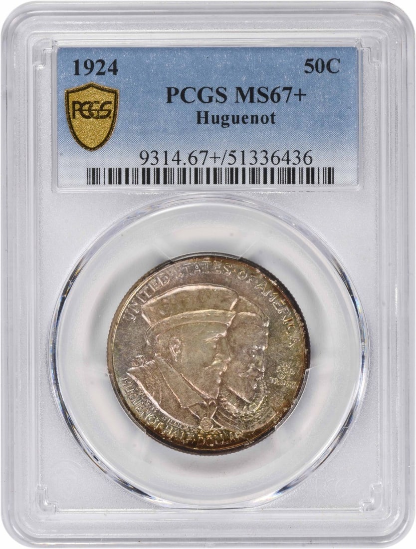 1924 Huguenot Silver Half Dollar PCGS MS67 Plus Commemorative Coin: 1924 Huguenot Silver Half Dollar PCGS MS67 Plus Commemorative Coin This Huguenot Commemorative Silver Half Dollar from 1924 is a United States coin graded MS67+ by PCGS. Struck in Philadelphia, it fea