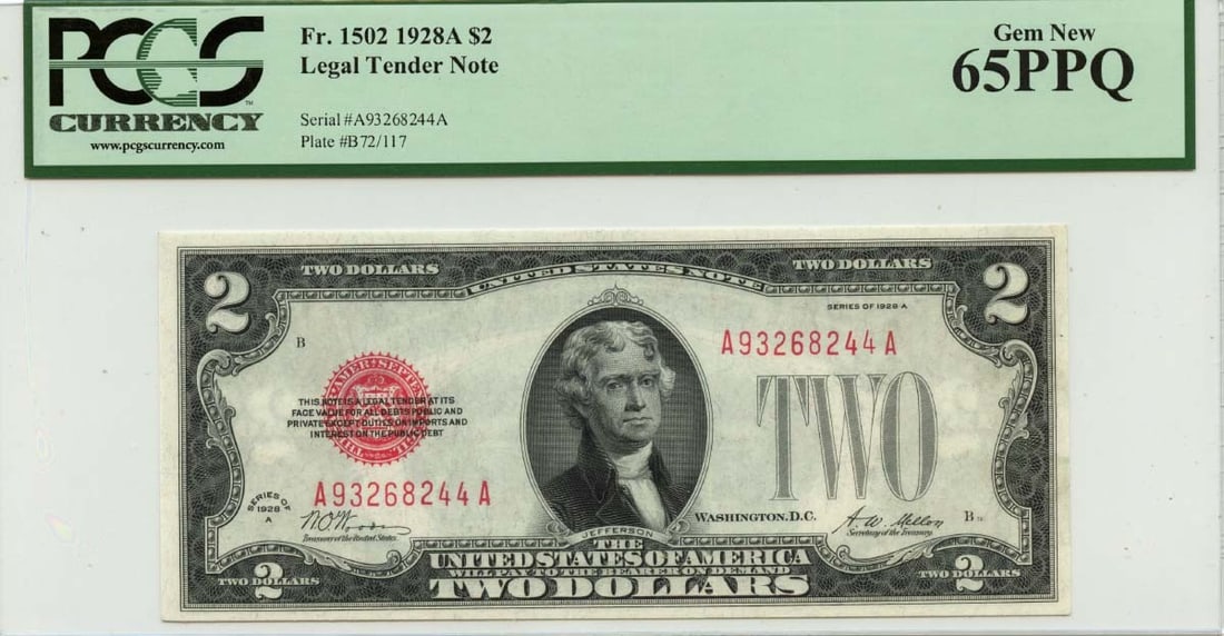 1928A $2 Legal Tender FR#1502 PCGS Gem 65 Uncirculated: 1928A $2 Legal Tender FR#1502 PCGS Gem 65 Uncirculated This 1928A $2 Legal Tender Note (FR#1502) has been graded by PCGS Currency as a Gem 65 PPQ (Premium Paper Quality), indicating its exceptional qu