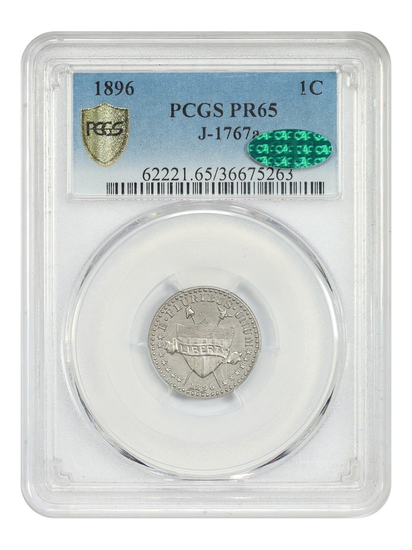 1896 Nickel Pattern Cent J-1767a PCGS CAC PR65 Gem Proof: 1896 Nickel Pattern Cent J-1767a PCGS CAC PR65 Gem Proof This 1896 1 cent pattern coin, designed by Charles Barber, is a rare example of numismatic artistry. Certified by PCGS with a grade of PR65 and