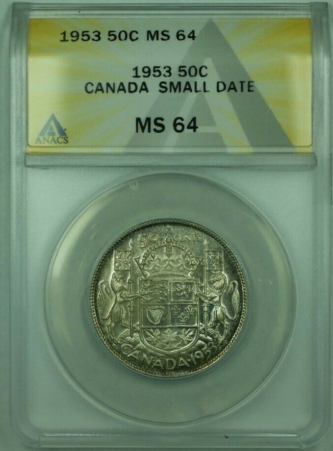ANACS MS-64 Proof-Like 1953 Canada Small Date 50 Cent Silver Coin: ANACS MS-64 Proof-Like 1953 Canada Small Date 50 Cent Silver Coin This 1953 Small Date 50 cents silver coin from Canada is ANACS certified with a grade of MS-64 and proof-like qualities. The coin rema