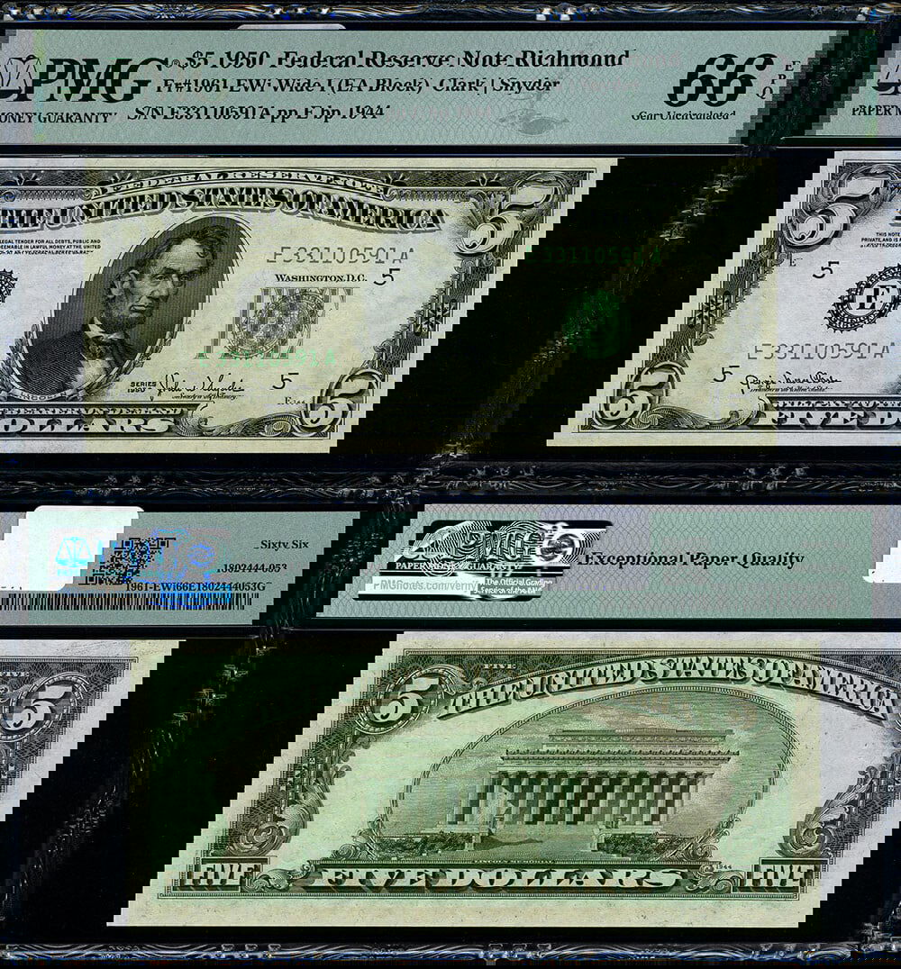 1950 $5 Federal Reserve Note Richmond E-A Block PMG CU66 EPQ: 1950 $5 Federal Reserve Note Richmond E-A Block PMG CU66 EPQ This 1950 Federal Reserve Note, designated as FR. 1961 EWi, features a denomination of $5 and originates from the Richmond E-A Block. It is